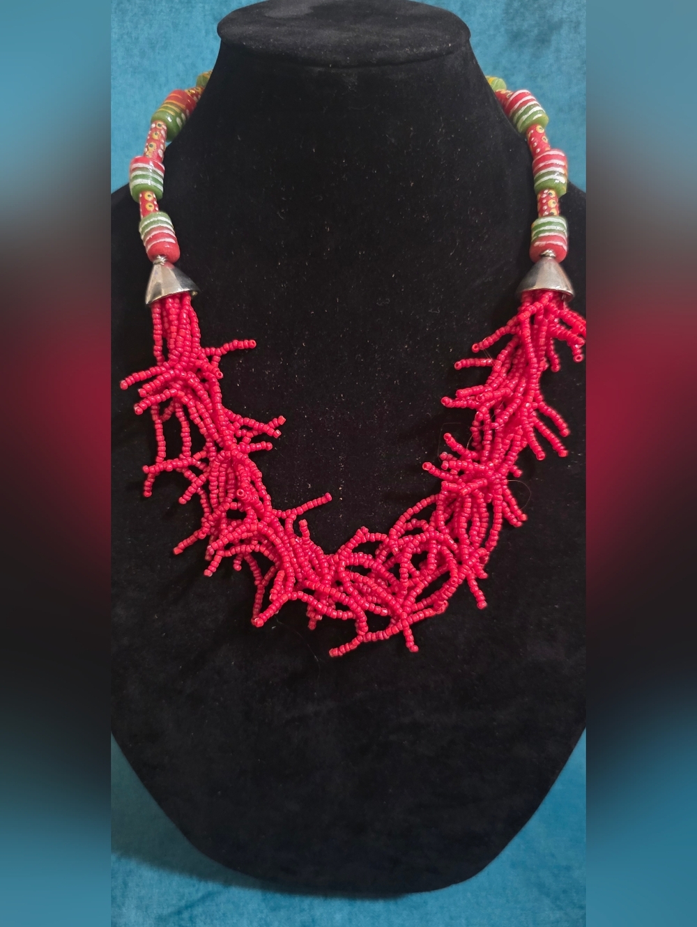 Handmade Red Seed-Bead Coral Statement Necklace